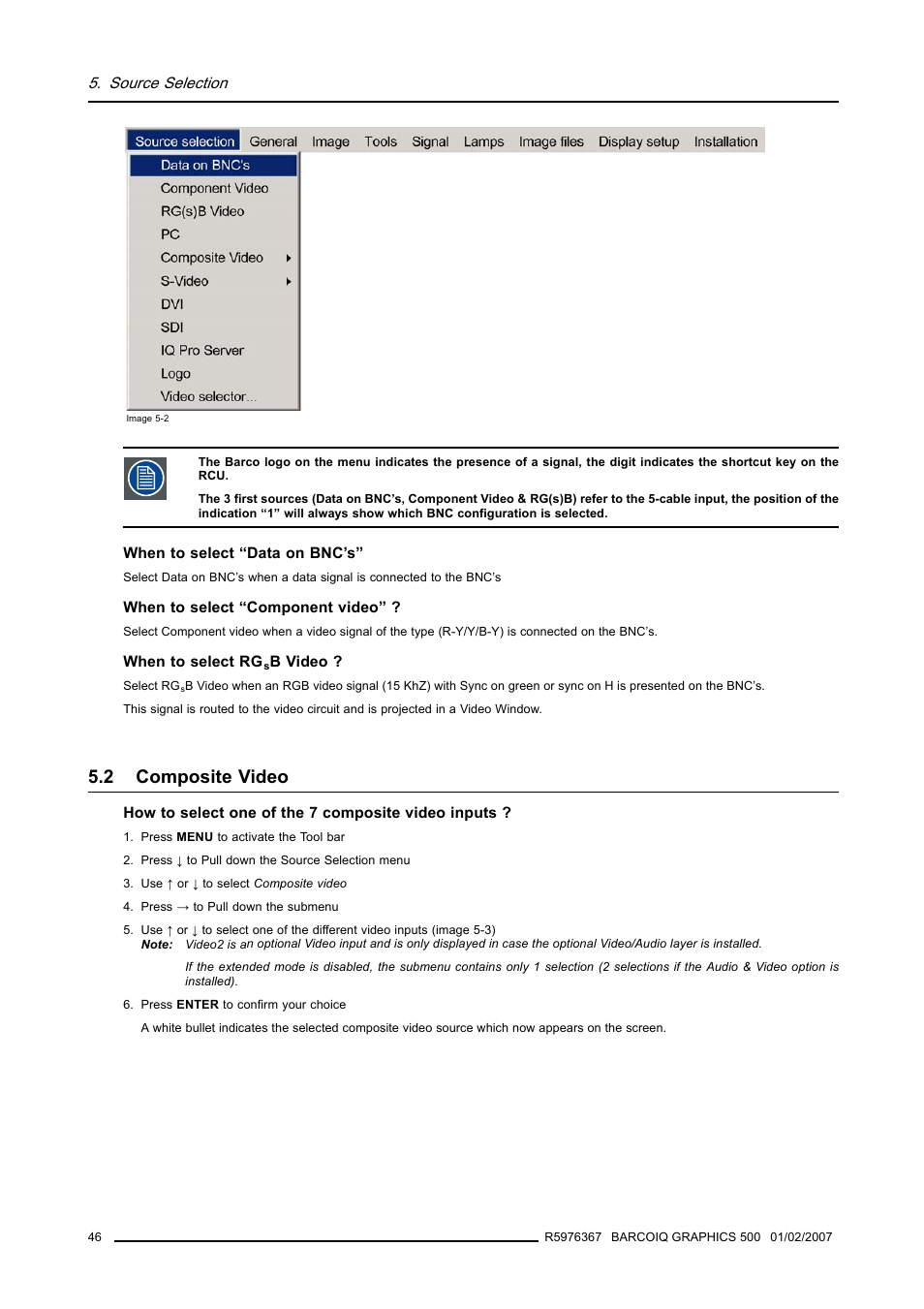 2 composite video, Composite video, Image 5-2) | Barco GRAPHICS 500 R9002930 User Manual | Page 50 / 143