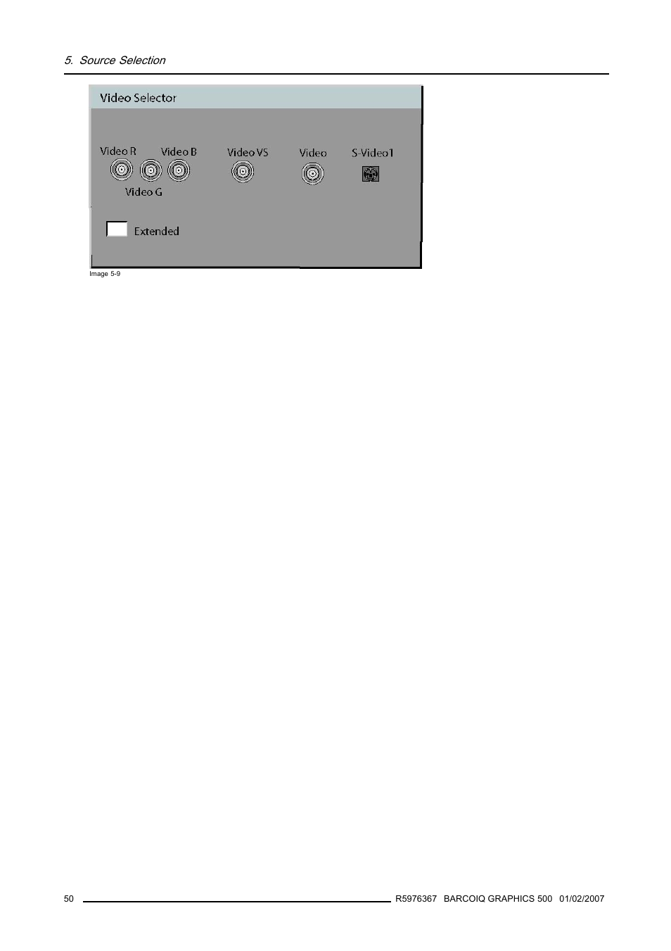 Source selection | Barco GRAPHICS 500 R9002930 User Manual | Page 54 / 143