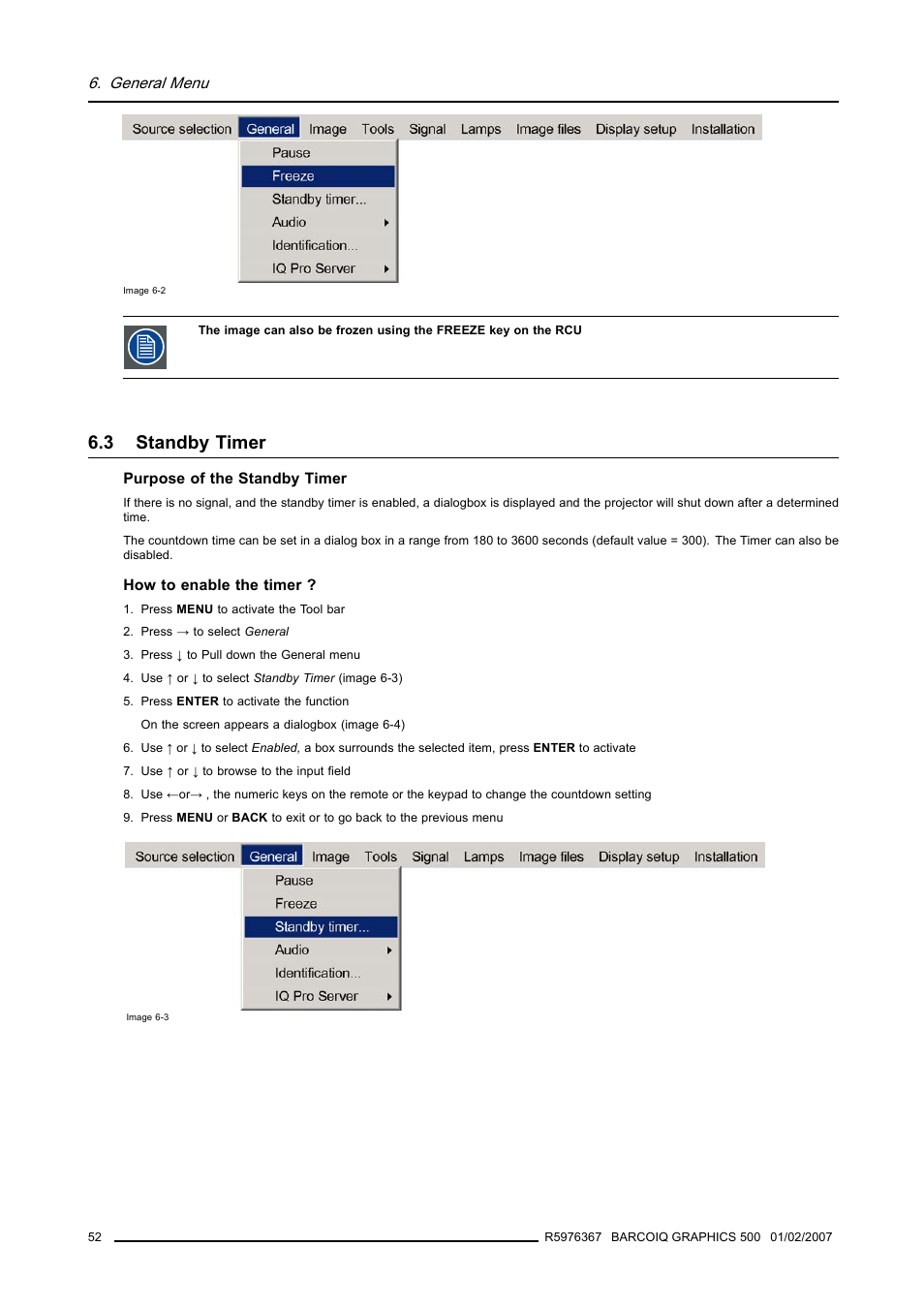 3 standby timer, Standby timer, Image 6-2) | Barco GRAPHICS 500 R9002930 User Manual | Page 56 / 143
