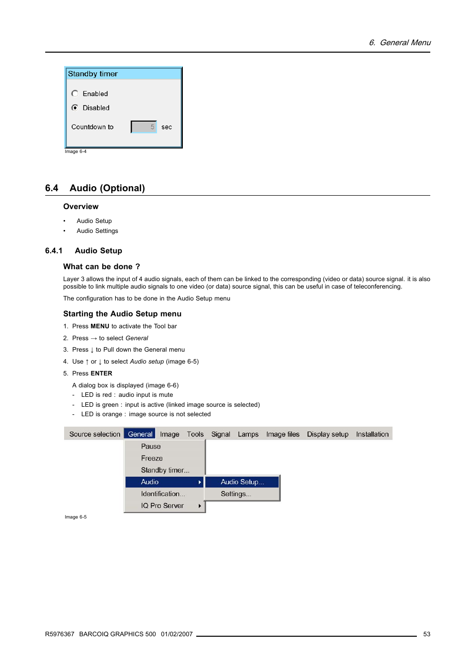 4 audio (optional), 1 audio setup, Audio (optional) | Audio setup | Barco GRAPHICS 500 R9002930 User Manual | Page 57 / 143