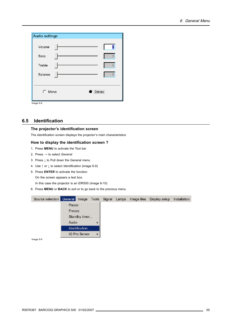 5 identification, Identification | Barco GRAPHICS 500 R9002930 User Manual | Page 59 / 143