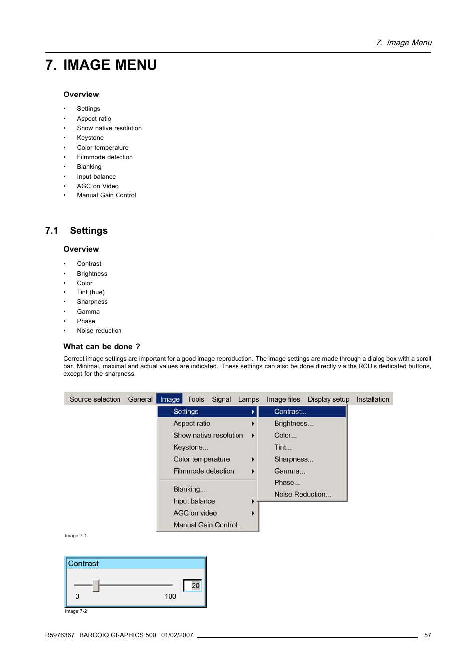 Image menu, 1 settings, Settings | Barco GRAPHICS 500 R9002930 User Manual | Page 61 / 143