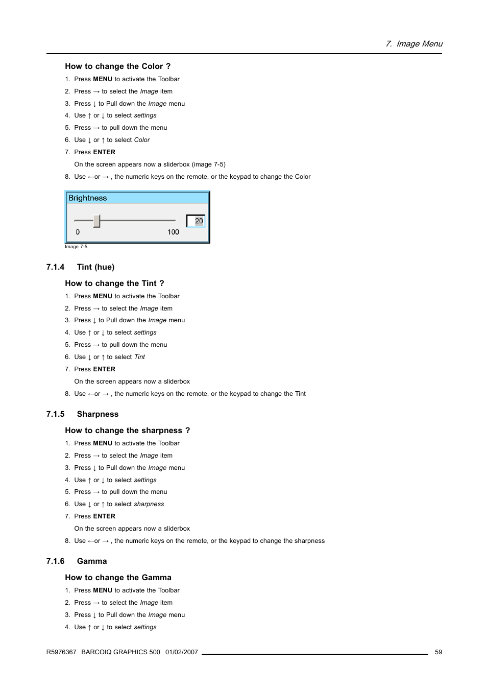 4 tint (hue), 5 sharpness, 6 gamma | Tint (hue), Sharpness, Gamma | Barco GRAPHICS 500 R9002930 User Manual | Page 63 / 143
