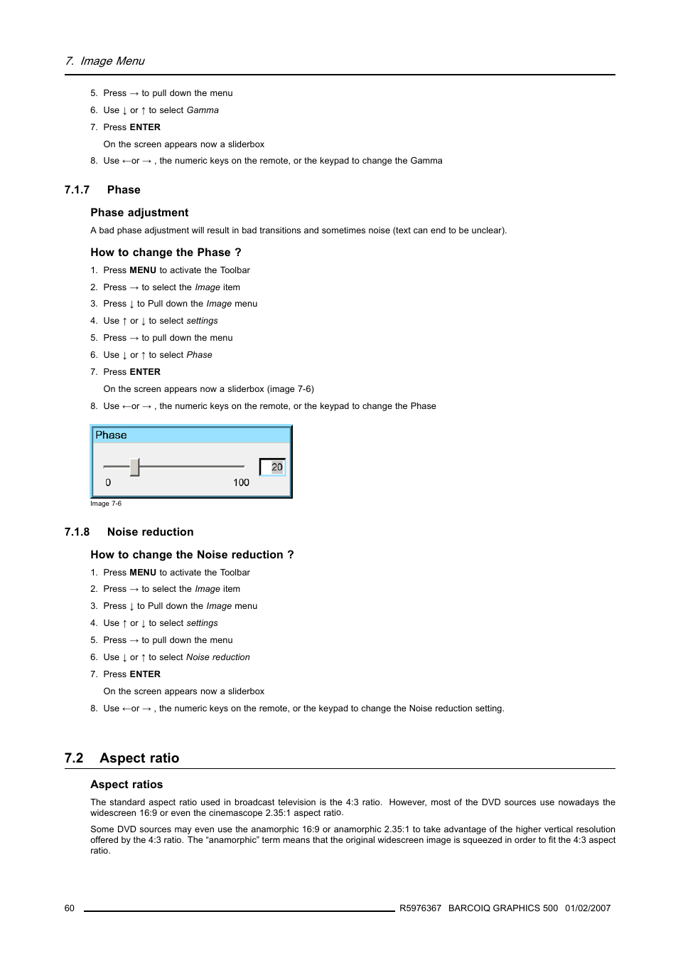 7 phase, 8 noise reduction, 2 aspect ratio | Phase, Noise reduction, Aspect ratio | Barco GRAPHICS 500 R9002930 User Manual | Page 64 / 143