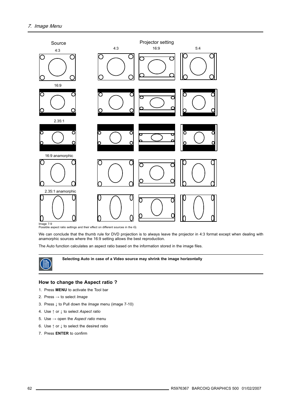 Image menu | Barco GRAPHICS 500 R9002930 User Manual | Page 66 / 143