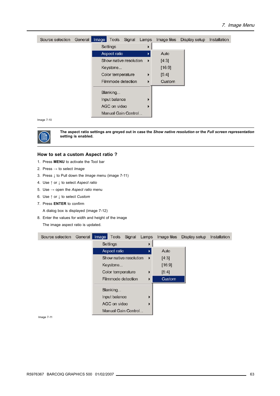 Image menu | Barco GRAPHICS 500 R9002930 User Manual | Page 67 / 143