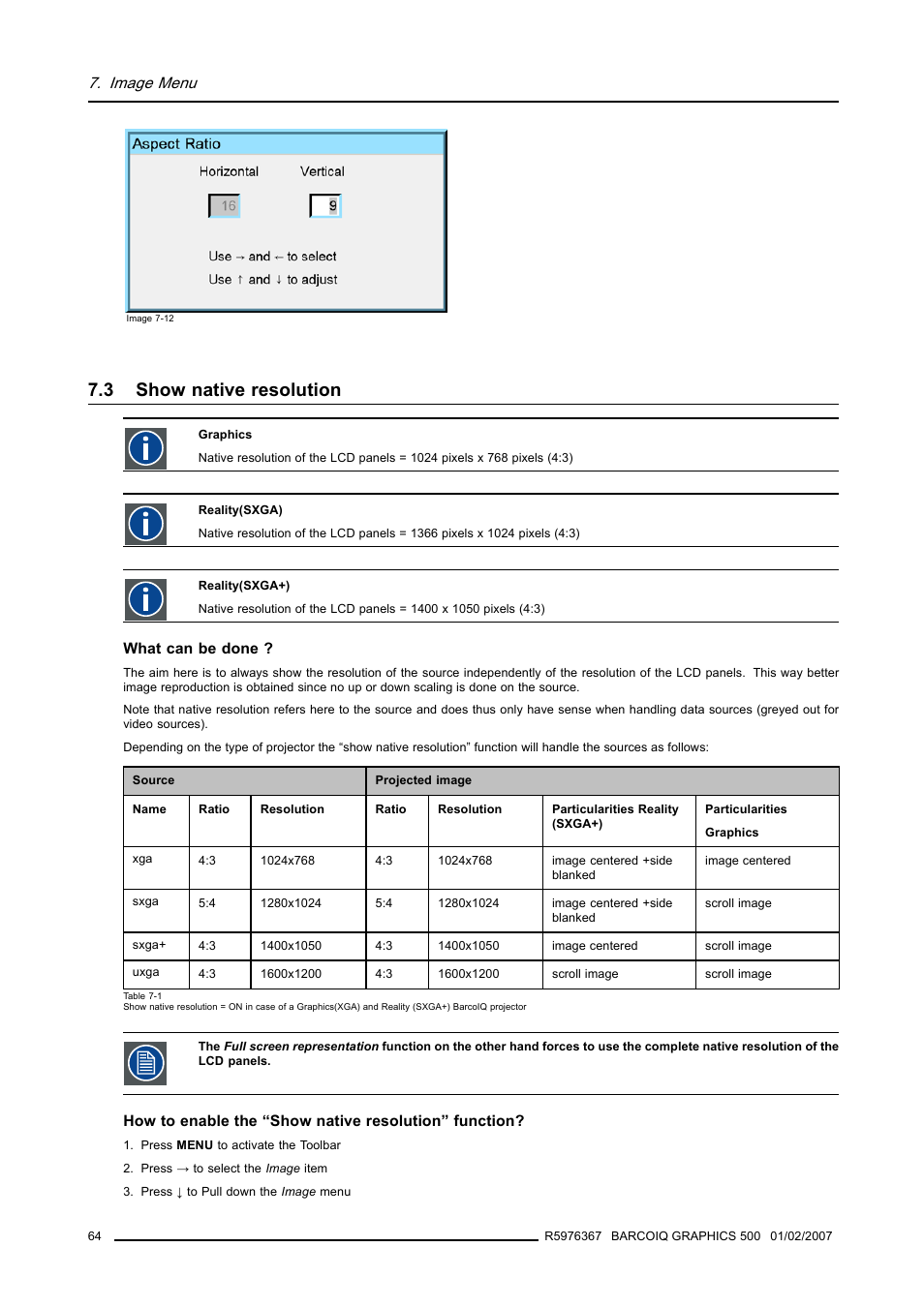 3 show native resolution, Show native resolution, Image menu | Barco GRAPHICS 500 R9002930 User Manual | Page 68 / 143
