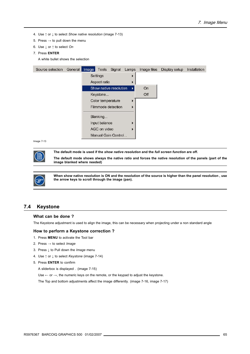 4 keystone, Keystone | Barco GRAPHICS 500 R9002930 User Manual | Page 69 / 143