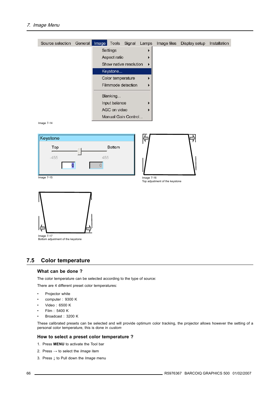 5 color temperature, Color temperature, Image 7-14) | Image 7-15), Image 7-16, image 7-17, Image menu | Barco GRAPHICS 500 R9002930 User Manual | Page 70 / 143