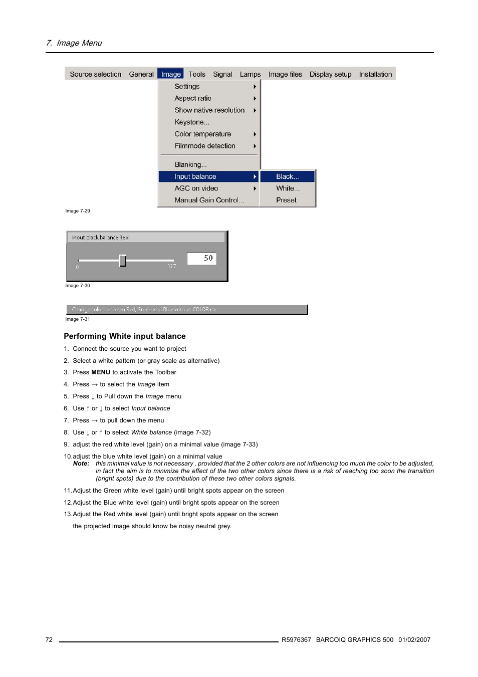 Image menu | Barco GRAPHICS 500 R9002930 User Manual | Page 76 / 143