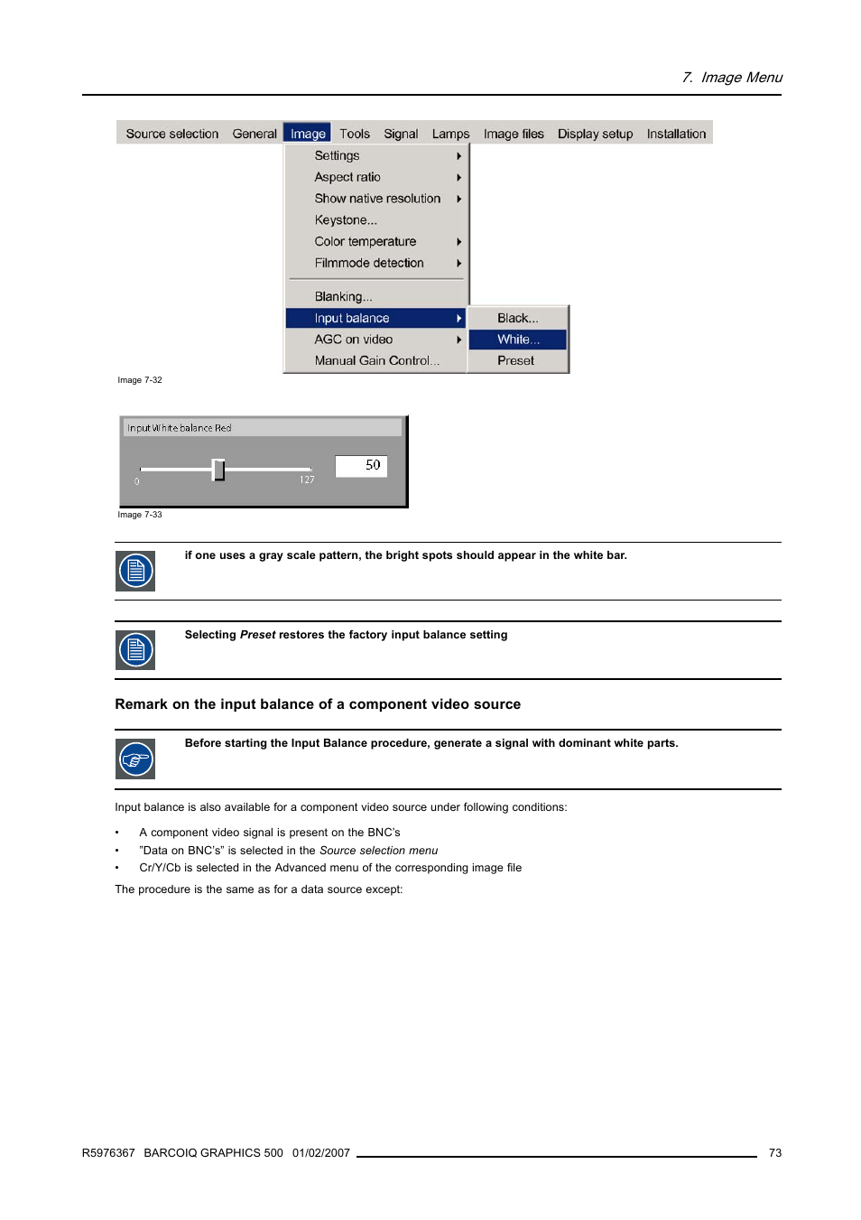 Image menu | Barco GRAPHICS 500 R9002930 User Manual | Page 77 / 143