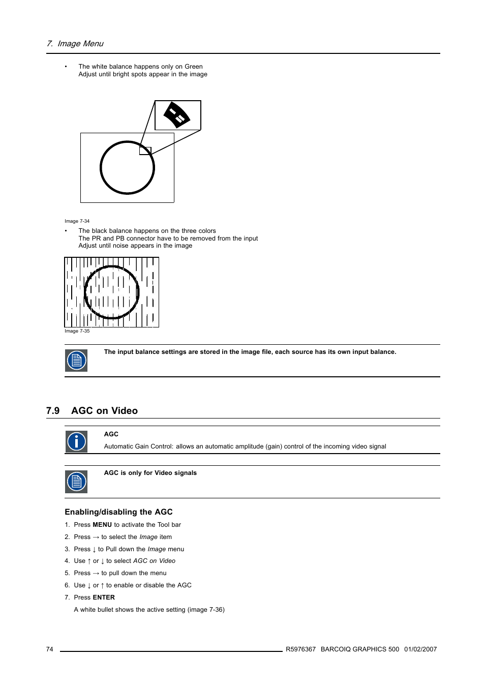 9 agc on video, Agc on video | Barco GRAPHICS 500 R9002930 User Manual | Page 78 / 143