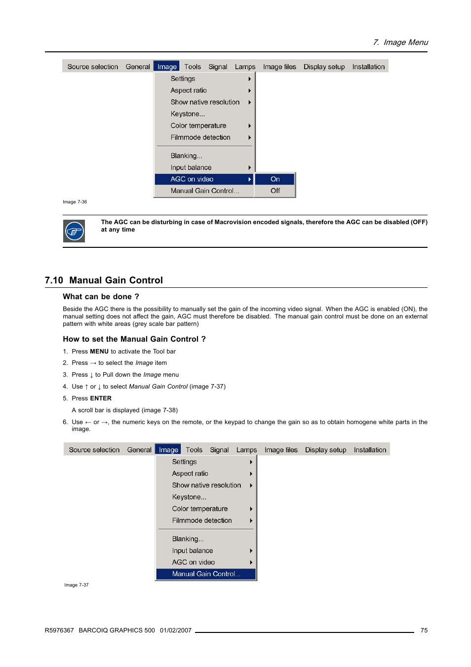 10 manual gain control, Manual gain control | Barco GRAPHICS 500 R9002930 User Manual | Page 79 / 143