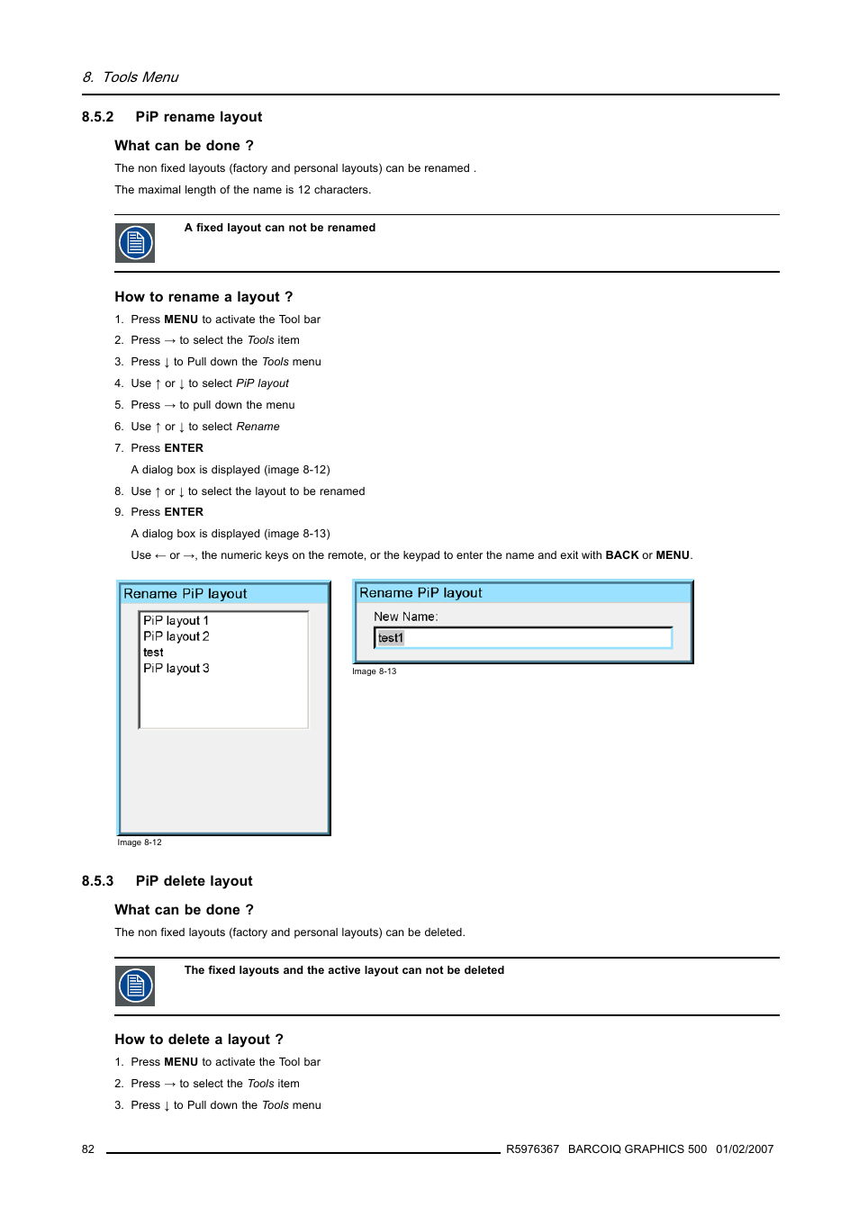 2 pip rename layout, 3 pip delete layout, Pip rename layout | Pip delete layout | Barco GRAPHICS 500 R9002930 User Manual | Page 86 / 143