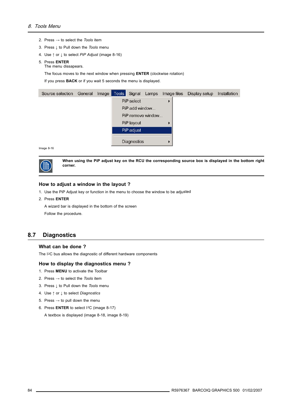 7 diagnostics, Diagnostics, Tools menu | Barco GRAPHICS 500 R9002930 User Manual | Page 88 / 143