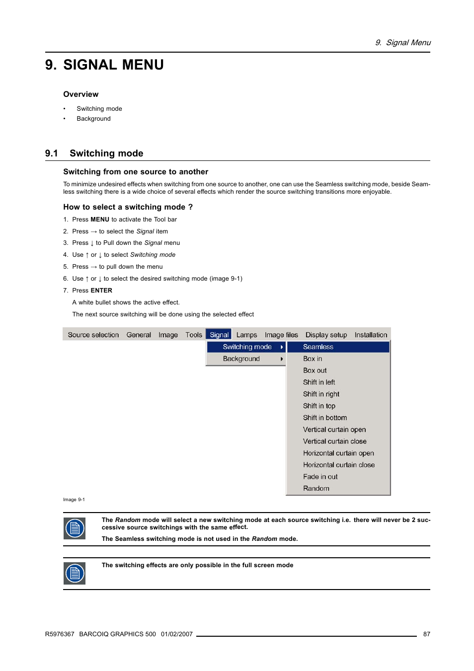 Signal menu, 1 switching mode, Switching mode | Barco GRAPHICS 500 R9002930 User Manual | Page 91 / 143