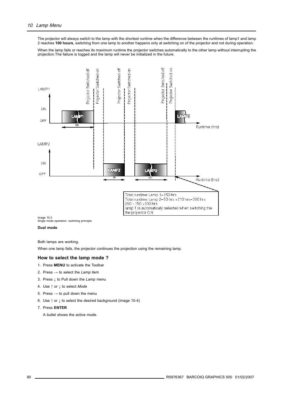 Lamp menu | Barco GRAPHICS 500 R9002930 User Manual | Page 94 / 143