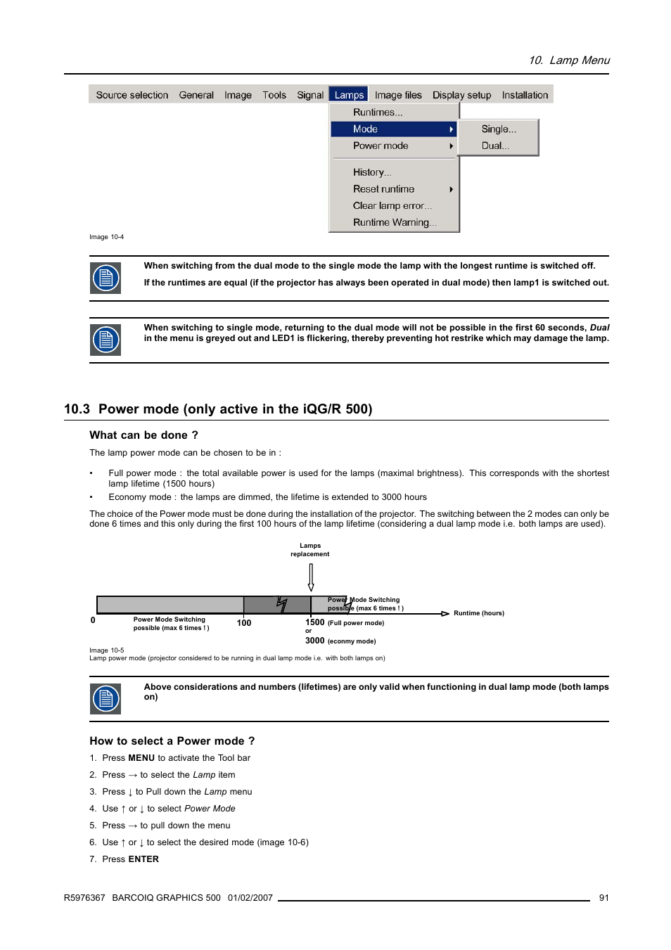 3 power mode (only active in the iqg/r 500), Power mode (only active in the iqg/r 500), Lamp menu | Barco GRAPHICS 500 R9002930 User Manual | Page 95 / 143