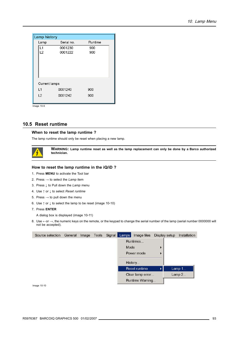 5 reset runtime, Reset runtime | Barco GRAPHICS 500 R9002930 User Manual | Page 97 / 143