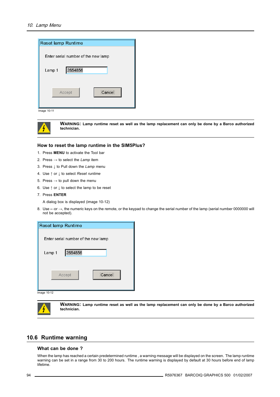 6 runtime warning, Runtime warning | Barco GRAPHICS 500 R9002930 User Manual | Page 98 / 143