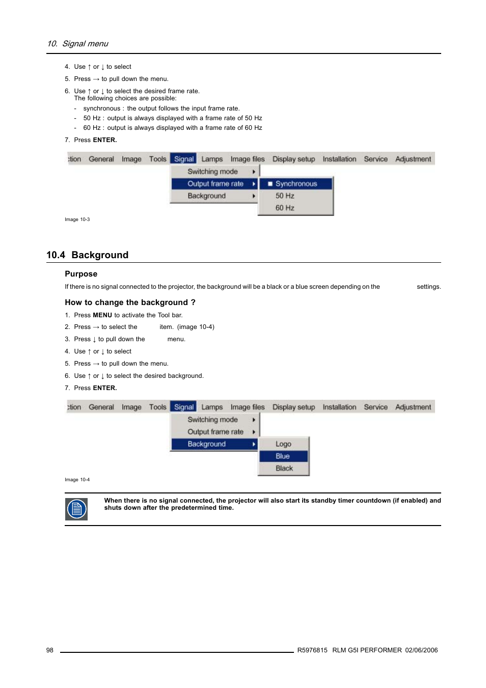 4 background, Background, Signal menu | Barco RLM G5I PERFORMER R9010320 User Manual | Page 100 / 150