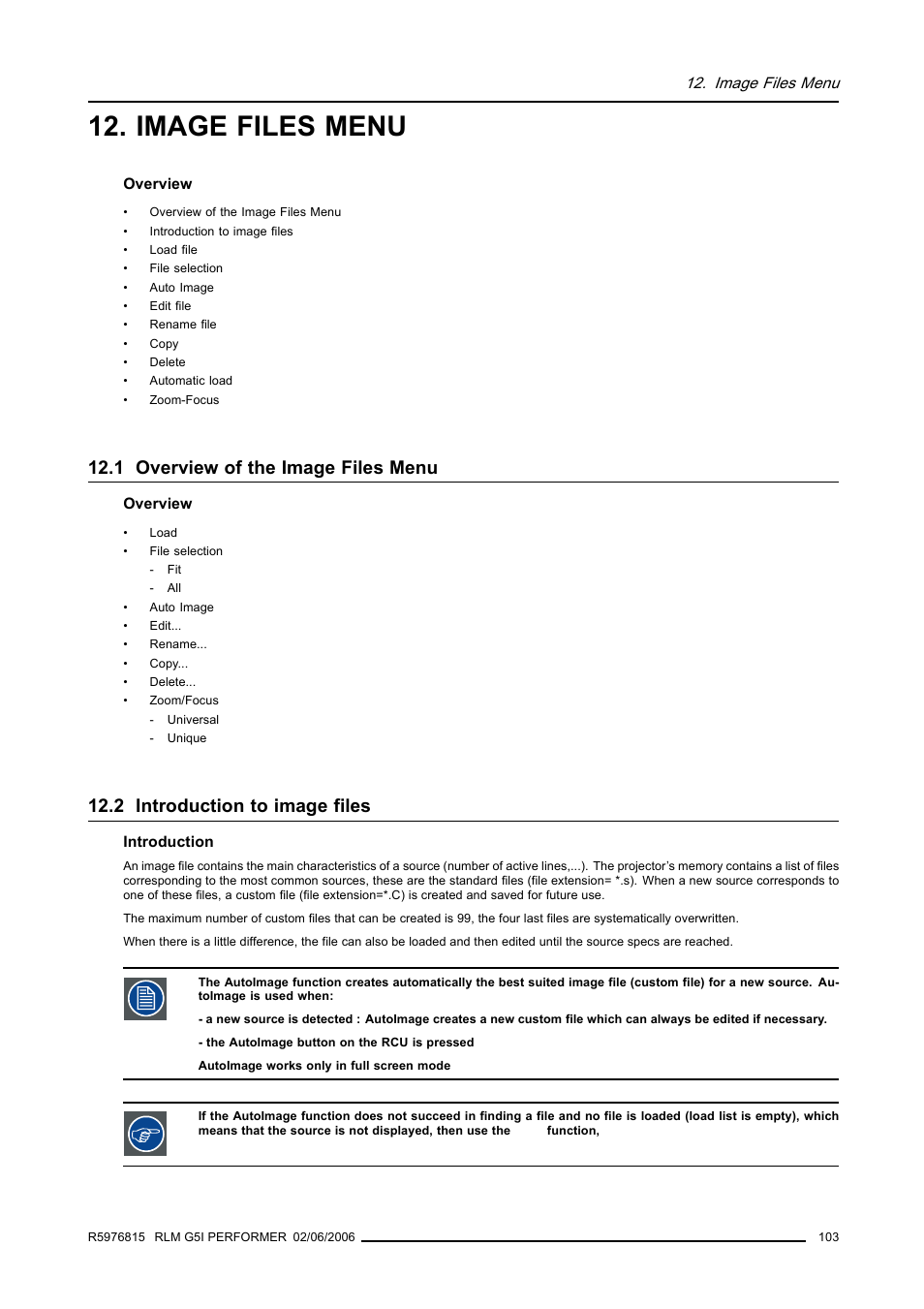 Image files menu, 1 overview of the image files menu, 2 introduction to image files | Barco RLM G5I PERFORMER R9010320 User Manual | Page 105 / 150