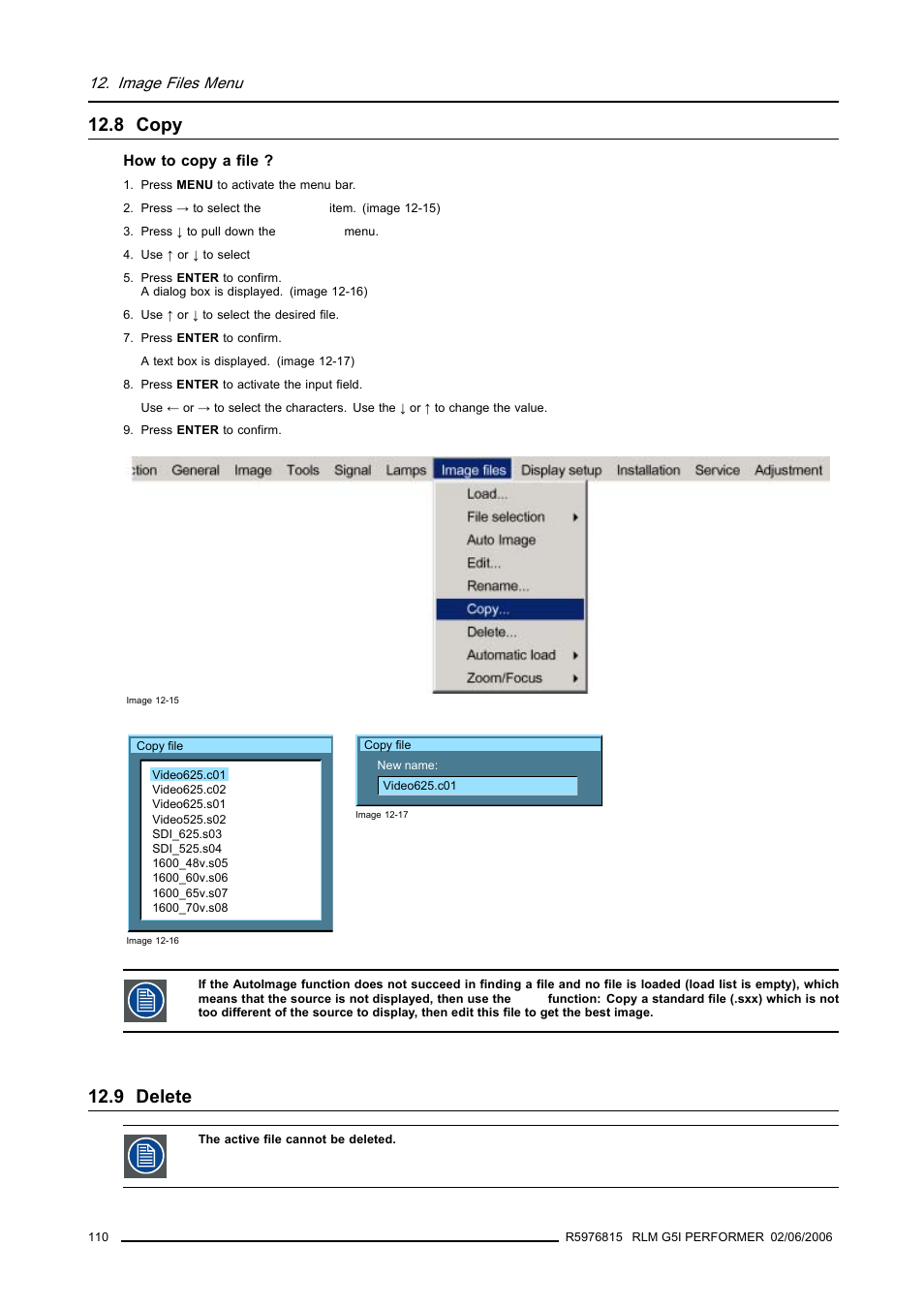 8 copy, 9 delete, Copy | Delete, Image files menu | Barco RLM G5I PERFORMER R9010320 User Manual | Page 112 / 150