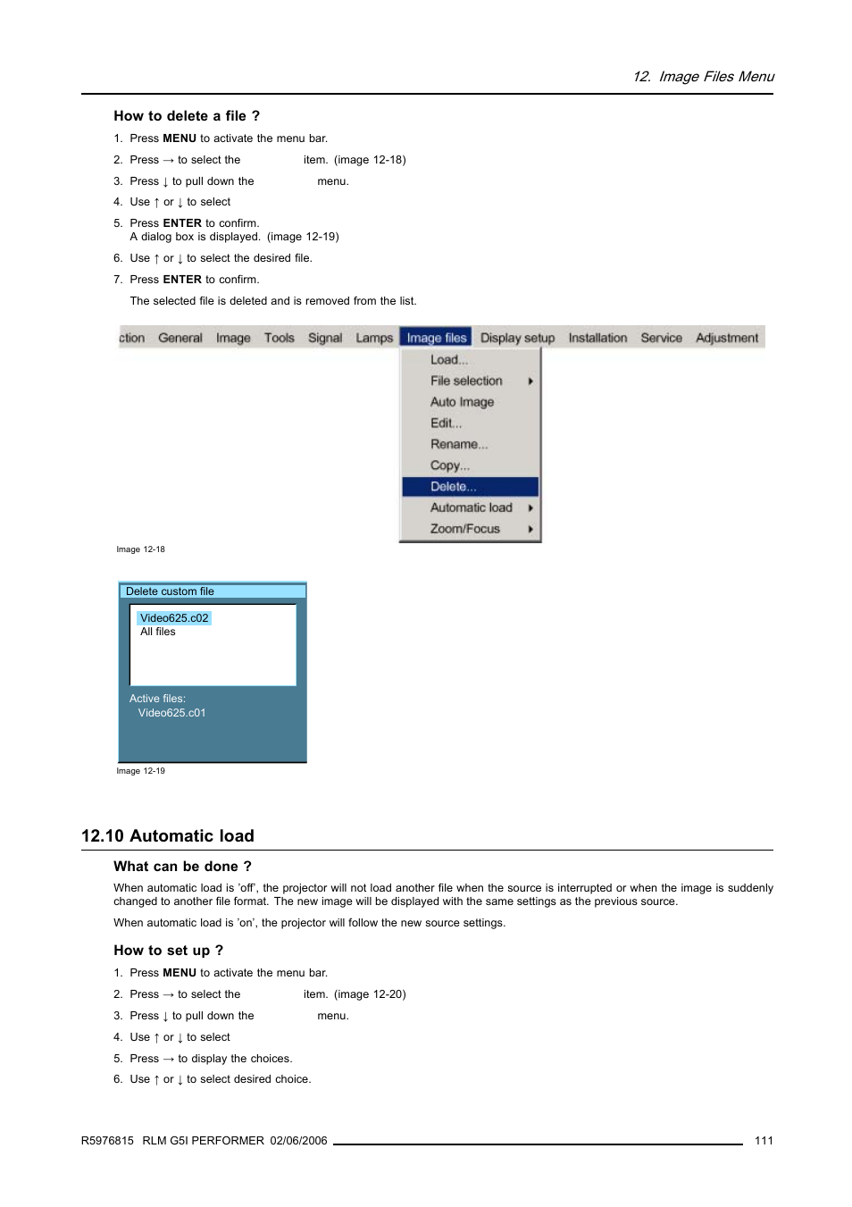 10 automatic load, Automatic load, Image files menu | Barco RLM G5I PERFORMER R9010320 User Manual | Page 113 / 150