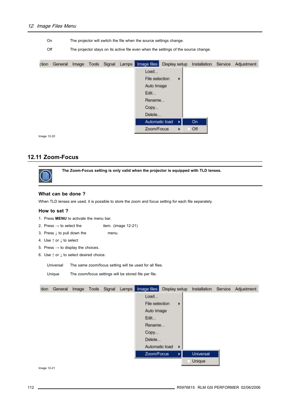 11 zoom-focus, Zoom-focus, Image files menu | Barco RLM G5I PERFORMER R9010320 User Manual | Page 114 / 150