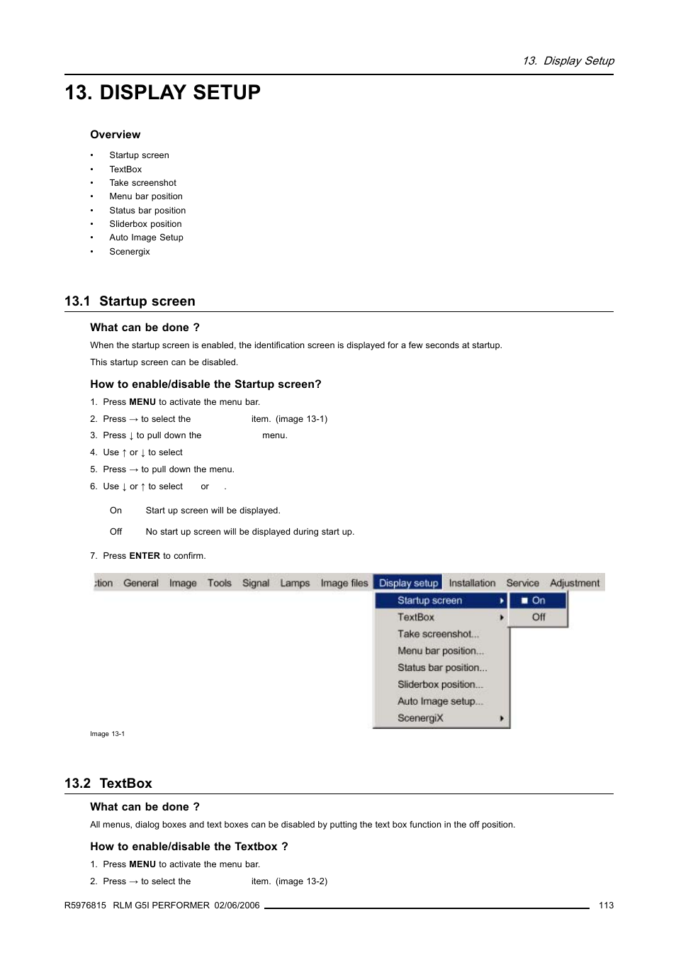 Display setup, 1 startup screen, 2 textbox | Barco RLM G5I PERFORMER R9010320 User Manual | Page 115 / 150