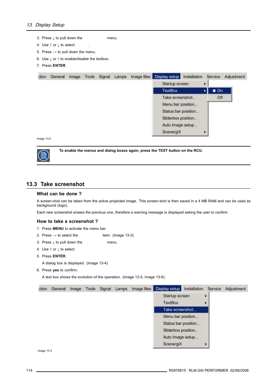 3 take screenshot, Take screenshot, Image 13-2) | Display setup | Barco RLM G5I PERFORMER R9010320 User Manual | Page 116 / 150