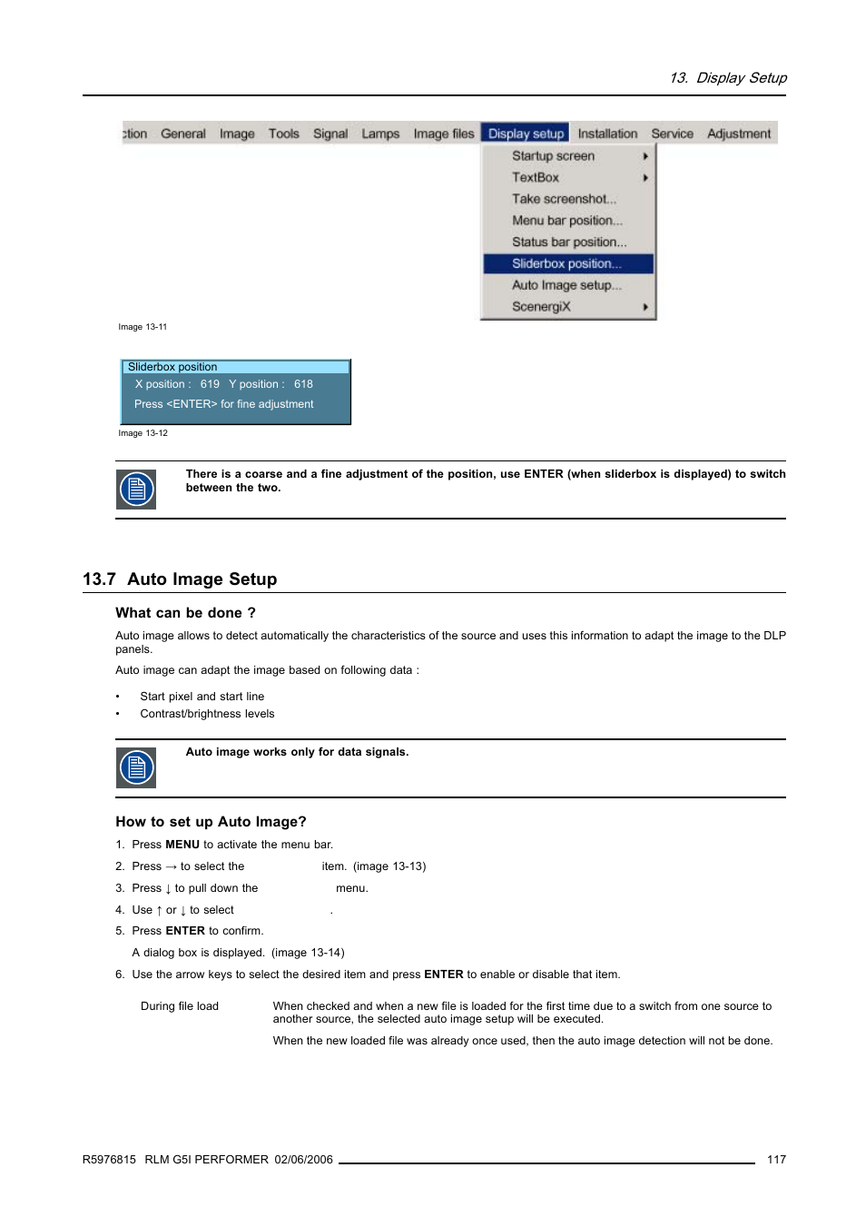 7 auto image setup, Auto image setup, Display setup | Barco RLM G5I PERFORMER R9010320 User Manual | Page 119 / 150