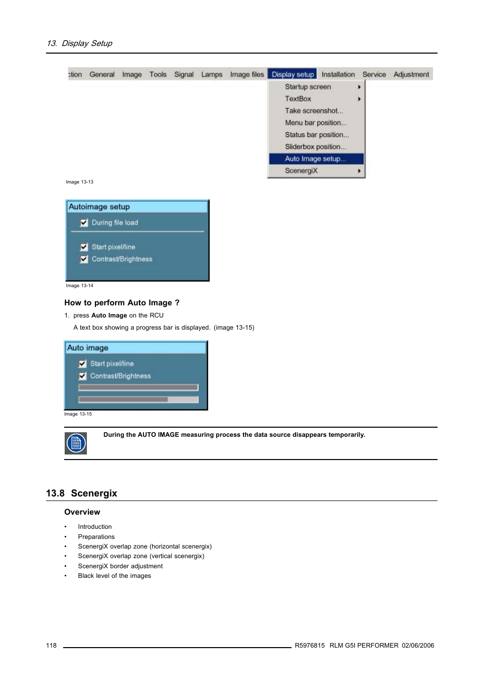 8 scenergix, Scenergix, Display setup | Barco RLM G5I PERFORMER R9010320 User Manual | Page 120 / 150