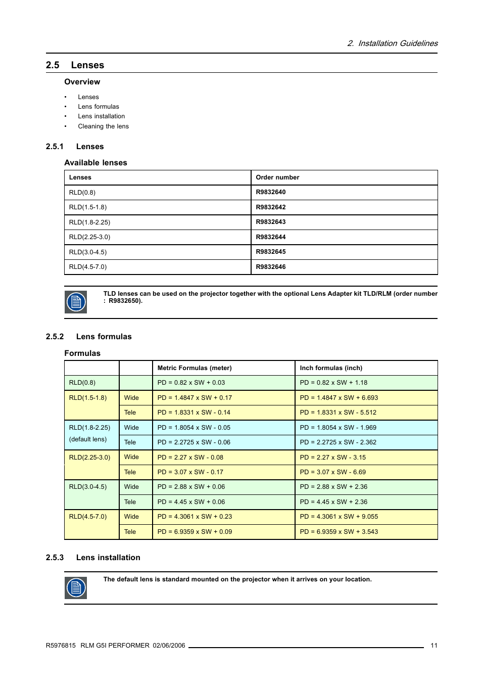 5 lenses, 1 lenses, 2 lens formulas | 3 lens installation, Lenses | Barco RLM G5I PERFORMER R9010320 User Manual | Page 13 / 150