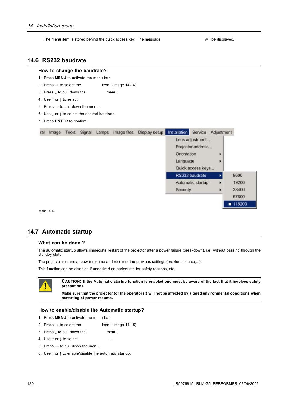 6 rs232 baudrate, 7 automatic startup, Rs232 baudrate | Automatic startup | Barco RLM G5I PERFORMER R9010320 User Manual | Page 132 / 150
