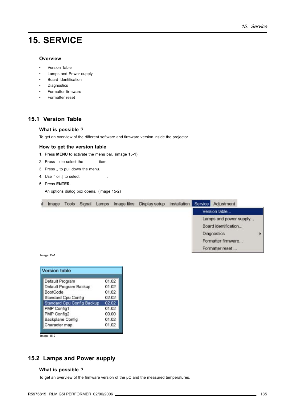 Service, 1 version table, 2 lamps and power supply | Barco RLM G5I PERFORMER R9010320 User Manual | Page 137 / 150