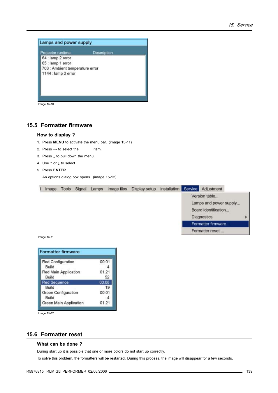 5 formatter firmware, 6 formatter reset, Formatter firmware | Formatter reset | Barco RLM G5I PERFORMER R9010320 User Manual | Page 141 / 150