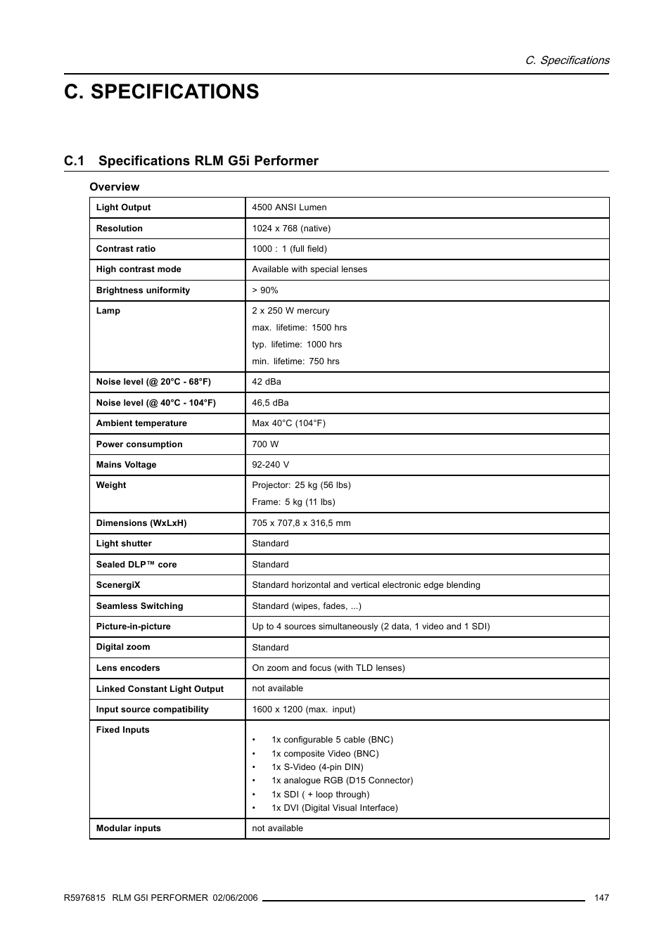 C. specifications, C.1 specifications rlm g5i performer | Barco RLM G5I PERFORMER R9010320 User Manual | Page 149 / 150