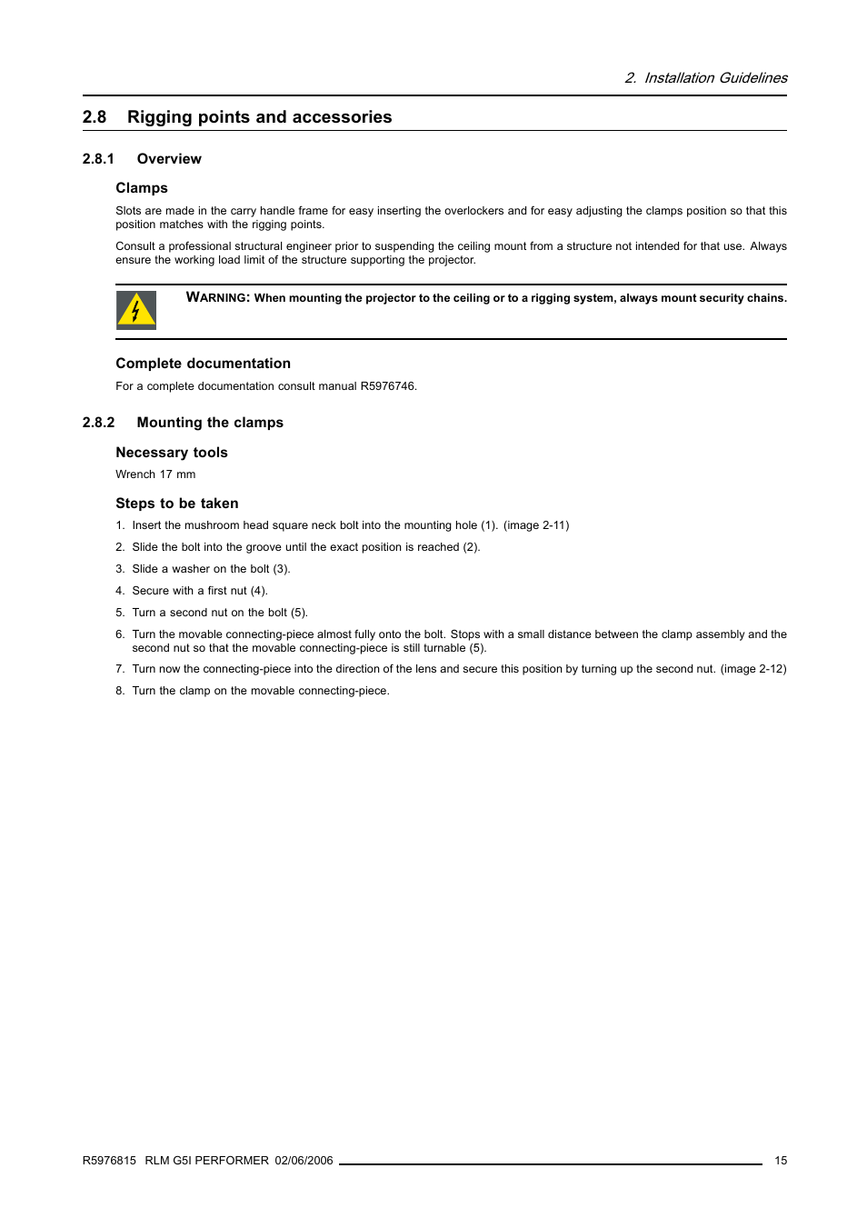 8 rigging points and accessories, 1 overview, 2 mounting the clamps | Rigging points and accessories | Barco RLM G5I PERFORMER R9010320 User Manual | Page 17 / 150