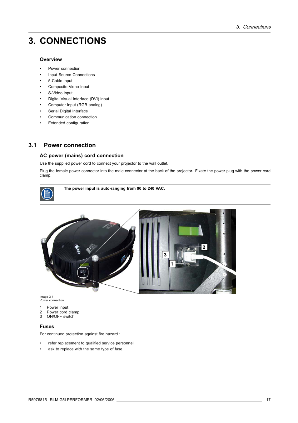 Connections, 1 power connection | Barco RLM G5I PERFORMER R9010320 User Manual | Page 19 / 150