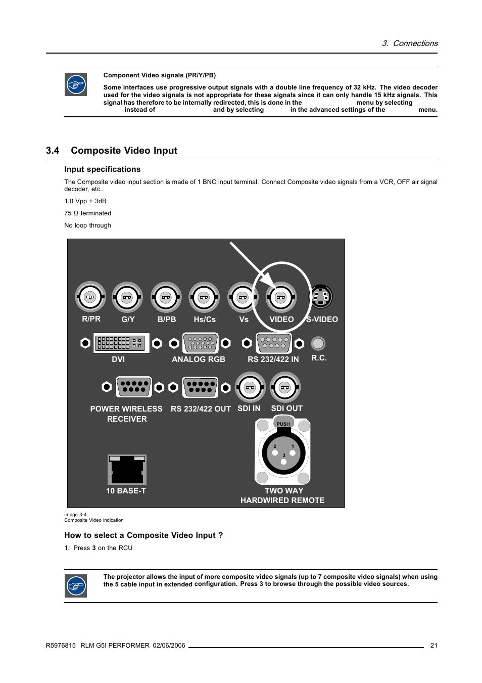 4 composite video input, Composite video input | Barco RLM G5I PERFORMER R9010320 User Manual | Page 23 / 150