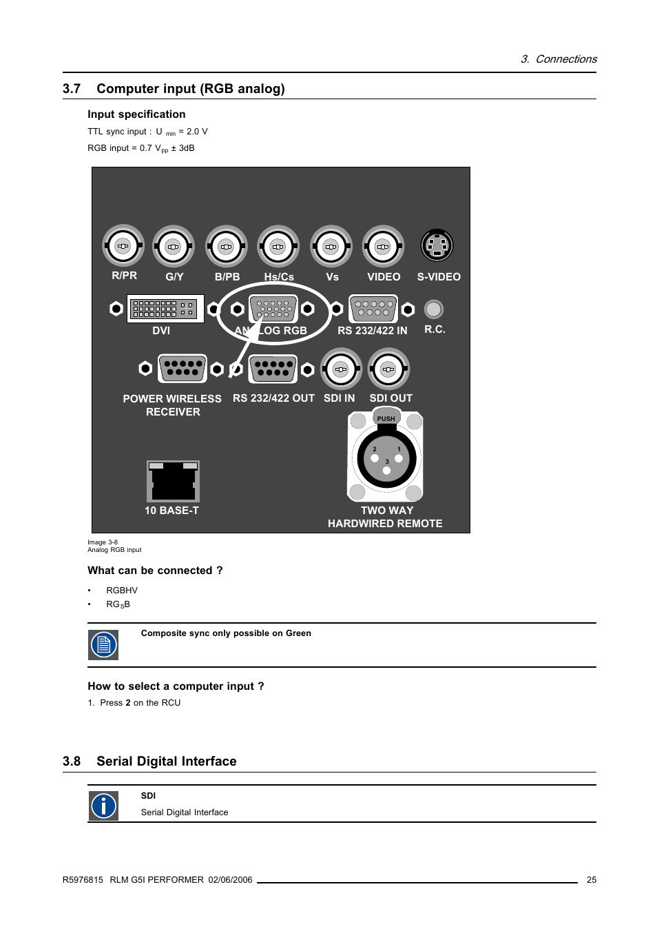 7 computer input (rgb analog), 8 serial digital interface, Computer input (rgb analog) | Serial digital interface | Barco RLM G5I PERFORMER R9010320 User Manual | Page 27 / 150