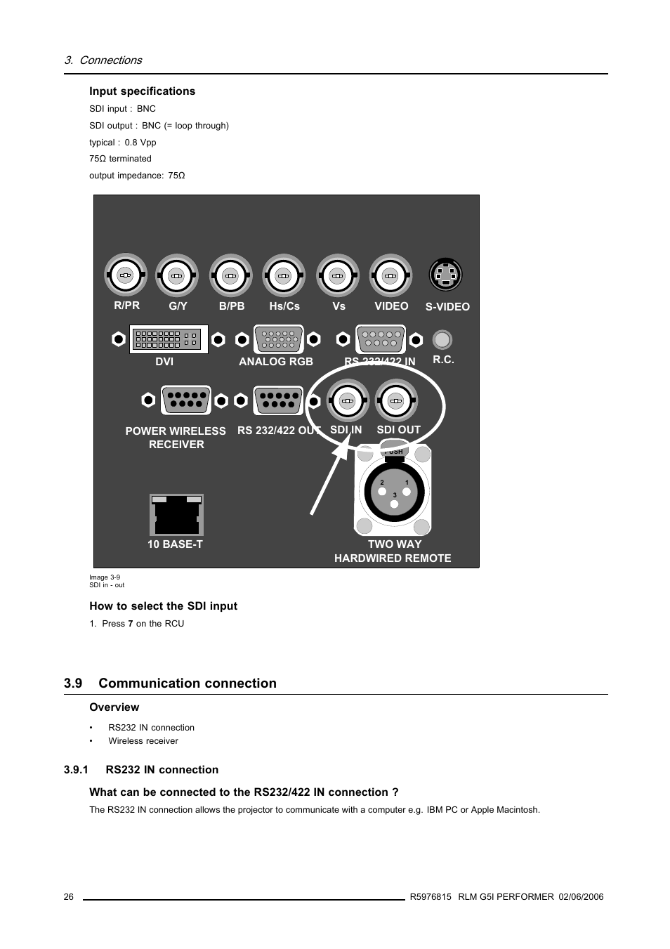 9 communication connection, 1 rs232 in connection, Communication connection | Barco RLM G5I PERFORMER R9010320 User Manual | Page 28 / 150