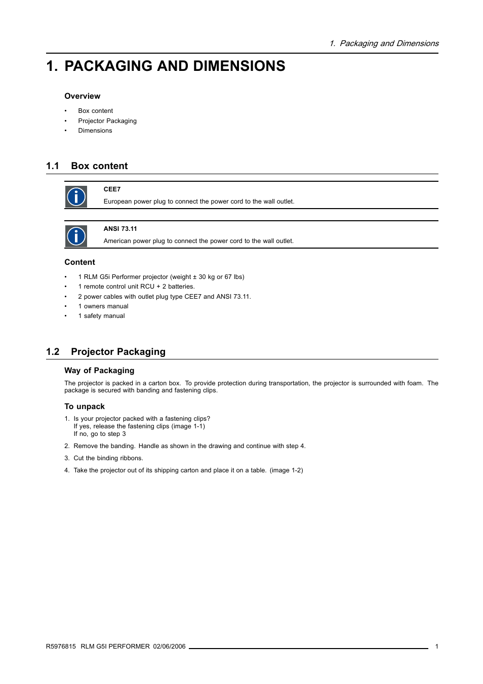 Packaging and dimensions, 1 box content, 2 projector packaging | Barco RLM G5I PERFORMER R9010320 User Manual | Page 3 / 150