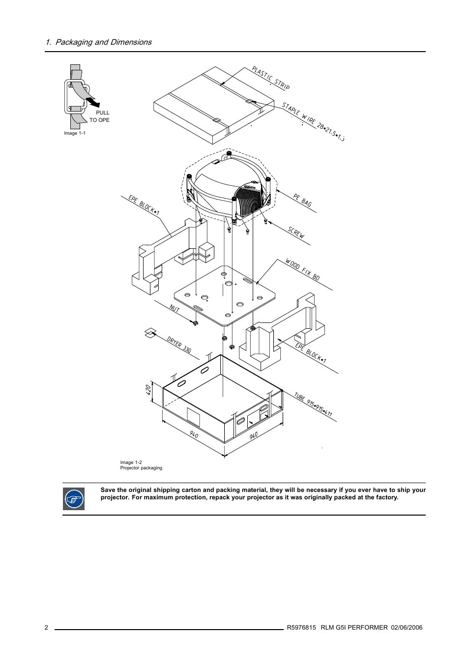 Image 1-1), Image 1-2), Packaging and dimensions | Barco RLM G5I PERFORMER R9010320 User Manual | Page 4 / 150