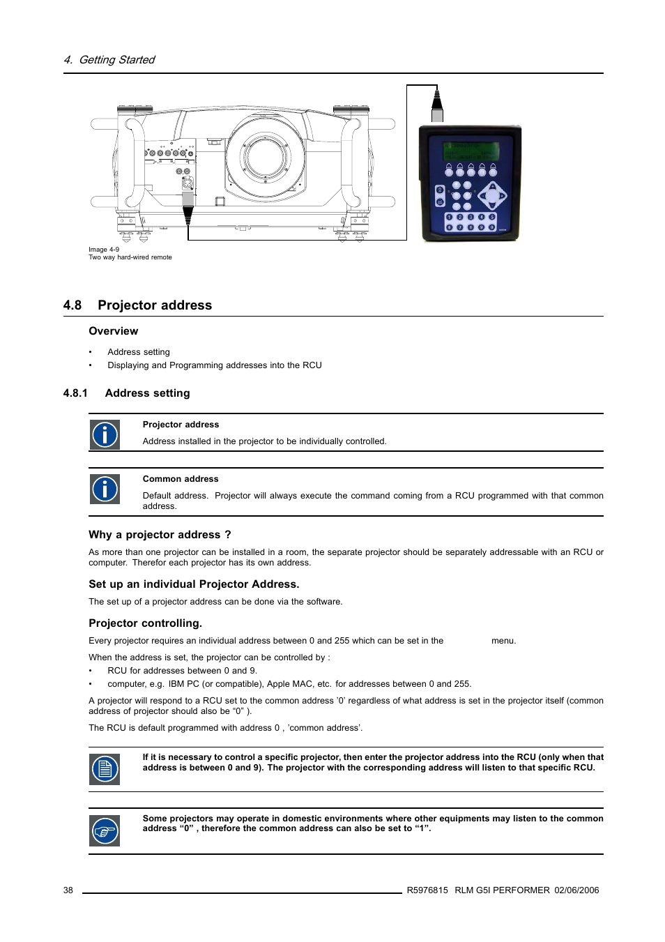 8 projector address, 1 address setting, Projector address | Barco RLM G5I PERFORMER R9010320 User Manual | Page 40 / 150