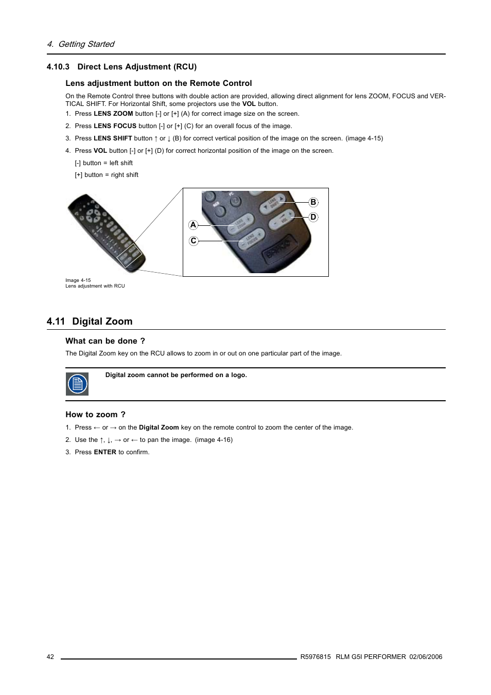 3 direct lens adjustment (rcu), 11 digital zoom, Digital zoom | Direct lens adjustment (rcu) | Barco RLM G5I PERFORMER R9010320 User Manual | Page 44 / 150