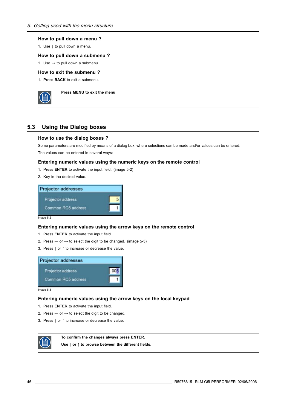 3 using the dialog boxes, Using the dialog boxes | Barco RLM G5I PERFORMER R9010320 User Manual | Page 48 / 150