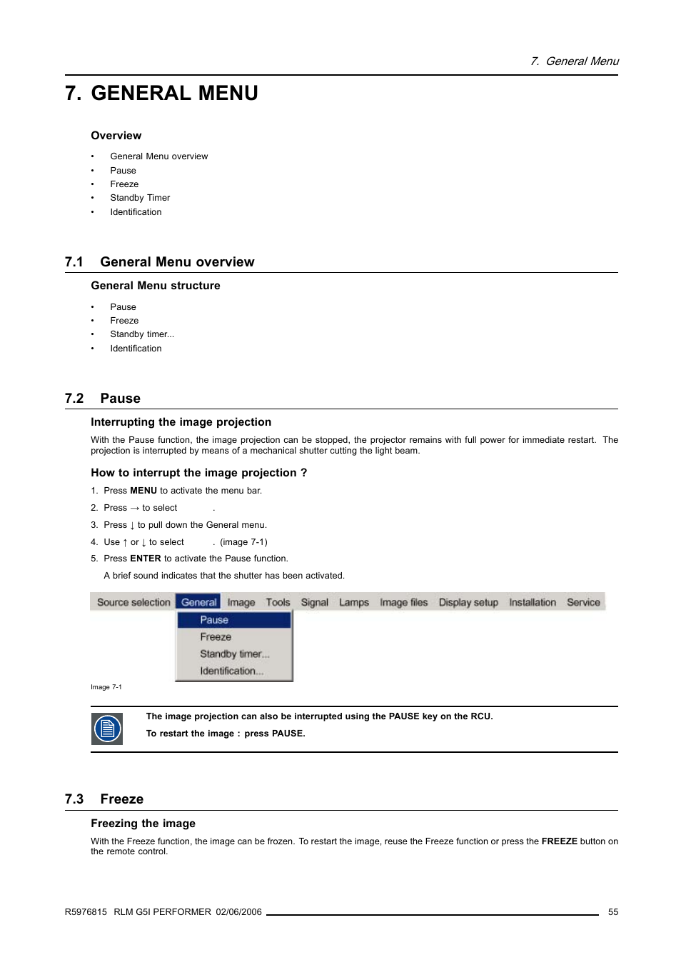 General menu, 1 general menu overview, 2 pause | 3 freeze | Barco RLM G5I PERFORMER R9010320 User Manual | Page 57 / 150