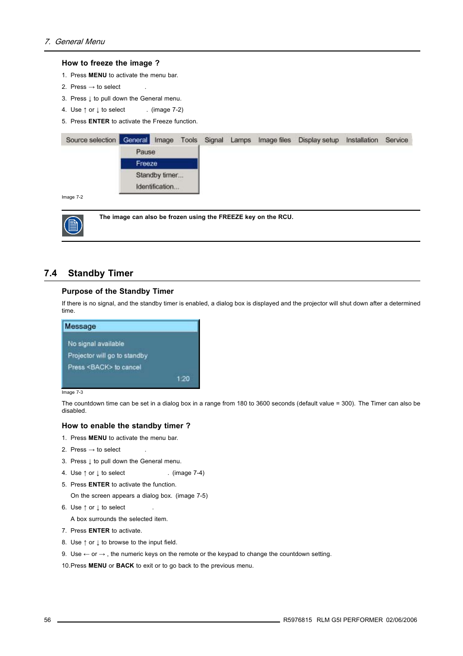 4 standby timer, Standby timer | Barco RLM G5I PERFORMER R9010320 User Manual | Page 58 / 150